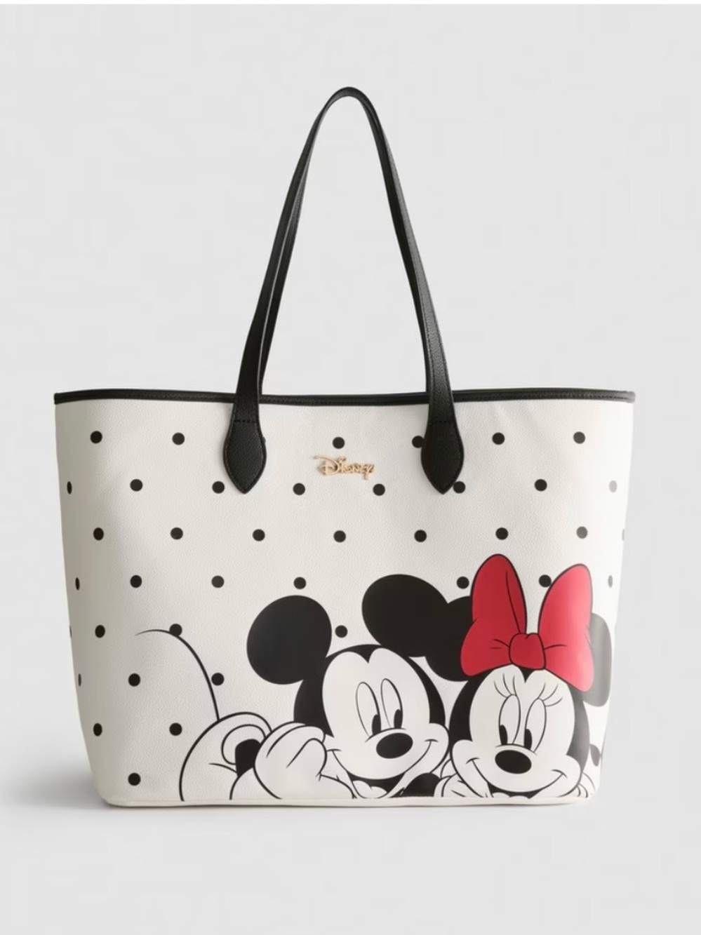 Disney White Polka Dot Tote with Black Handles and Red Bow